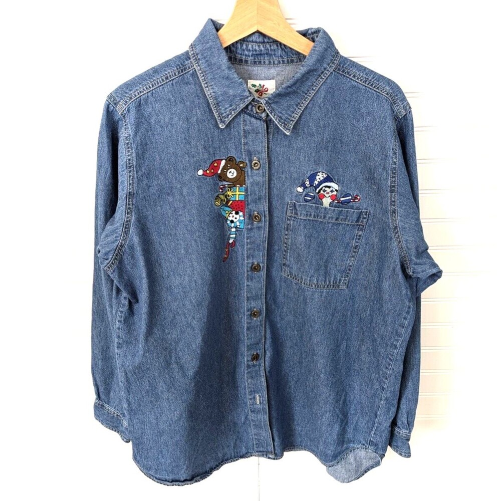 Vintage Nutcracker Christmas Shirt Womens XL Embroidery Holiday Festive Denim